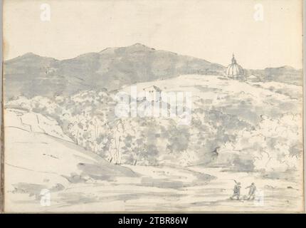 Landschaft mit Türmchen und Kuppelkirche, in der Nähe von Rom (kleineres italienisches Skizzenbuch, Blatt 32 Recto) 1957 von Joseph Wright (Wright of Derby) Stockfoto