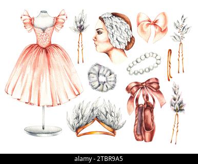 Aquarellballettzubehör und Porträt einer Ballerina. Ballettkleid, spitzenschuhe, Haarschmuck isoliert auf weiß gezeichnet Stockfoto