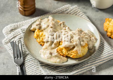 Hausgemachte Südstaaten-Biscuits und Soße zum Frühstück Stockfoto