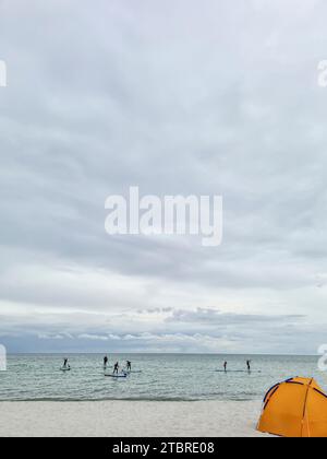 Deutschland, Mecklenburg-Vorpommern, Halbinsel Fischland-Darß-Zingst, mehrere Jugendliche auf SUP-Boards im Meerwasser am Strand von Prerow Stockfoto