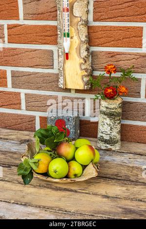 Hausgemachte Schüssel mit Äpfeln auf einem alten Holztisch, Gartenstillleben, Vase mit Blume, Thermometer Stockfoto