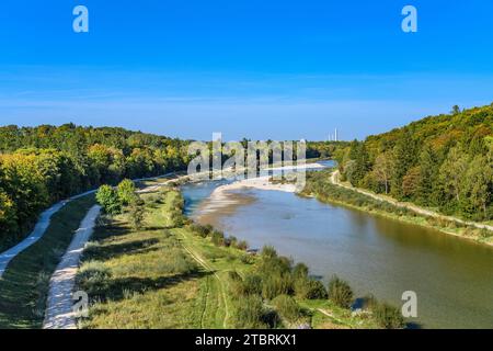 Deutschland, Bayern, Bezirk München, Pullach im Isartal, Großhesseloher Brücke, Blick auf den Norden des Isartals Stockfoto