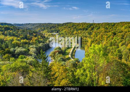 Deutschland, Bayern, Landkreis München, Grünwald, Schloss Grünwald, Blick nach Süden über das Isartal Stockfoto