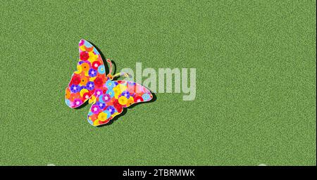 Schmetterling, Silhouette, Blumen, Illustration, Grafik, bunt, bunt, auf grünem Hintergrund, fliegt in der Sonne mit Schatten Stockfoto