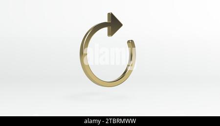 Goldenes Symbol. Pfeil im Uhrzeigersinn auf einem weißen Studio. Perspektivische Ansicht. Minimales Konzept. 3D-Rendering. Stockfoto