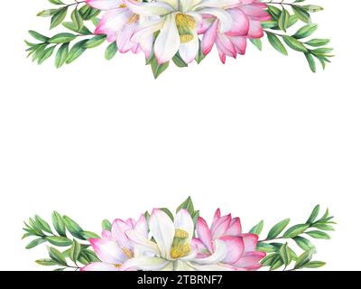 Blumengestell mit schönen blühenden Lotusblumen und grünen Zweigen. Seerosen, Teebauchblätter. Abstraktes Laub, heilige Lotusblüte. Stockfoto