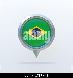 Metallsymbol der brasilianischen Nationalflagge mit Standortanzeige. Auf weißem Hintergrund mit Schatten. 3D-Rendering. Stockfoto