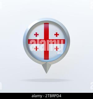 Metallsymbol der Nationalflagge von Georgien mit einer Standortanzeige. Auf weißem Hintergrund mit Schatten. 3D-Rendering. Stockfoto