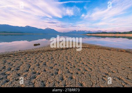 Forggensee entwässerte im Sommer 2018 aufgrund von Reparaturarbeiten am Damm bei Roßhaupten Stockfoto