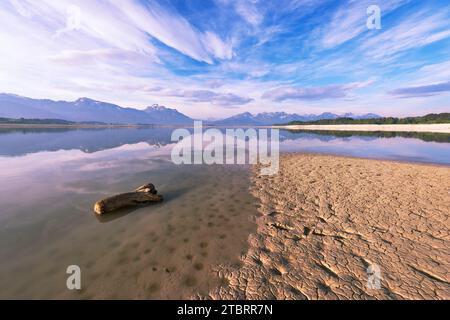 Forggensee entwässerte im Sommer 2018 aufgrund von Reparaturarbeiten am Damm bei Roßhaupten Stockfoto