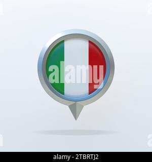 Metallabzeichen der italienischen Nationalflagge mit Standortangabe. Auf weißem Hintergrund mit Schatten. 3D-Rendering. Stockfoto