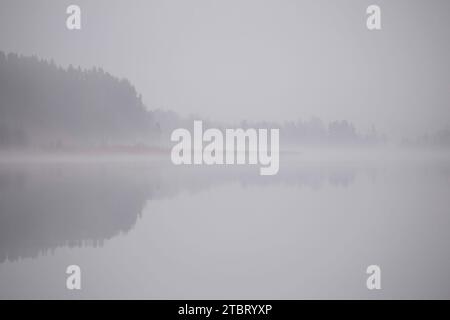 Neblige Seenlandschaft, dicker Nebel an einem Herbstmorgen Stockfoto