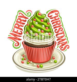 Vektor-Logo für Weihnachts-Cupcake, quadratisches Poster mit Illustration des hausgemachten Cupcake verpackt in rosa Anzug mit verdrehter Creme verzierte weihnachtskugel Stock Vektor