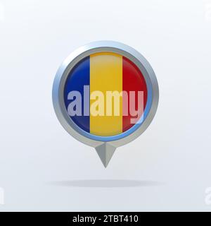 Metallsymbol der rumänischen Nationalflagge mit Standortanzeiger. Auf weißem Hintergrund mit Schatten. 3D-Rendering. Stockfoto