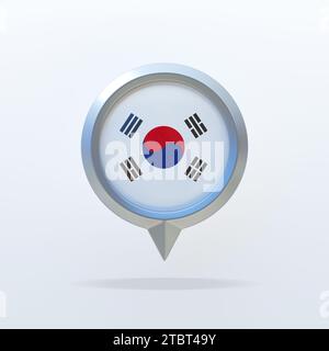 Metallsymbol der Nationalflagge Südkoreas mit Standortanzeige. Auf weißem Hintergrund mit Schatten. 3D-Rendering. Stockfoto