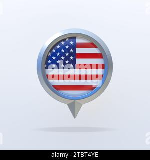 Metallisches Symbol der Staatsflagge des Vereinigten Staates von Amerika mit einer Standortanzeige. Auf weißem Hintergrund mit Schatten. 3D-Rendering. Stockfoto