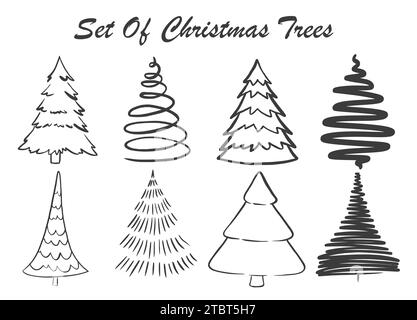 Set handgezeichneter Weihnachtsbäume, Weihnachtskarten Stock Vektor