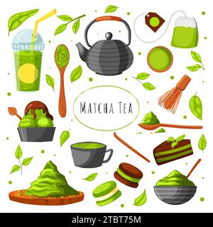 Verschiedene Matcha-Teeprodukte. Matcha-Pulver, Macarons, Teekanne, Bambuslöffel, Teeblätter. Handgezeichneter Vektorsatz. Farbige trendige Illustration. Stock Vektor