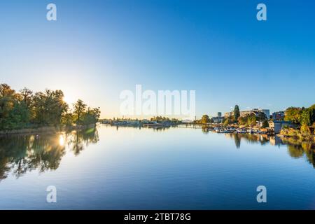 Wien, Alte Donau (Alte Donau), Insel Gänsehäufel (links) 22. Bezirk Donaustadt, Österreich Stockfoto