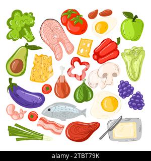 Produktgruppe für die Keto-Diät. Fleisch, Fisch, Gemüse, Öle, Nüsse, Eier. Ketogene Diätprodukte auf weißem Hintergrund. Eine Reihe gesunder Lebensmittel. Stock Vektor