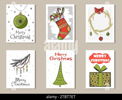 Handgezeichnetes Weihnachtskartenset. Illustration des Kritzelvektors. Stock Vektor