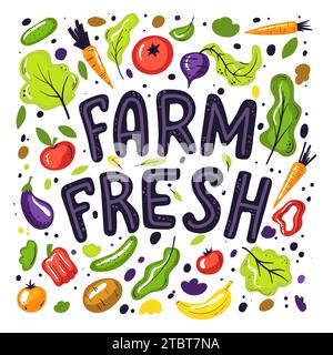 Set mit handgezeichnetem bunten Kritzelobst und Gemüse. Bauernhof frische handgezeichnete Illustration mit Typografie. Salate, Tomaten, Möhren-Design-Elemente Stock Vektor