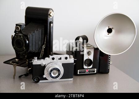 Evolution der Vintage-Kameras auf neutralem Hintergrund Stockfoto