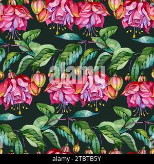 Nahtloses Blumenmuster in modernem Stil. Fuchsia Blumen Aquarellmalerei. Stockfoto