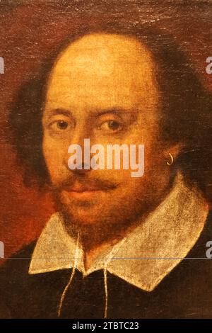 England, London, Portrait of William Shakespeare (1564–1616), auch bekannt als The Chandos Portrait von 1610 von John Taylor Stockfoto