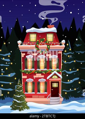 Weihnachtlich dekoriertes Haus auf dem Hintergrund des Waldes, nächtlicher Schneefall Stock Vektor