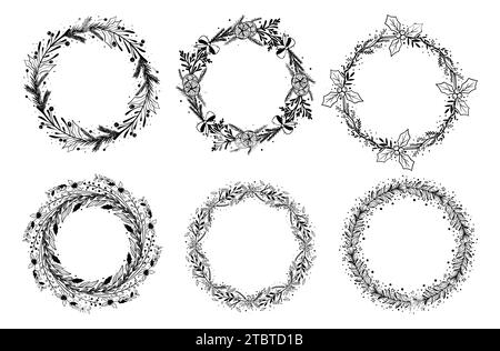 Dekorative Grußkränze. Weihnachtskollektion. Handgezeichnete Abbildung. Designelemente. Stock Vektor