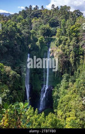 Der Sekumpul Wasserfall, ein großer Wasserfall mitten im Dschungel, der in eine tiefgrüne Schlucht eintaucht, Bäume und tropische Pflanzen am höchsten Wasserfall in Bali Stockfoto