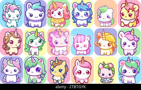 Einhornmaskottchen Avatare - 18 süß Stock Vektor