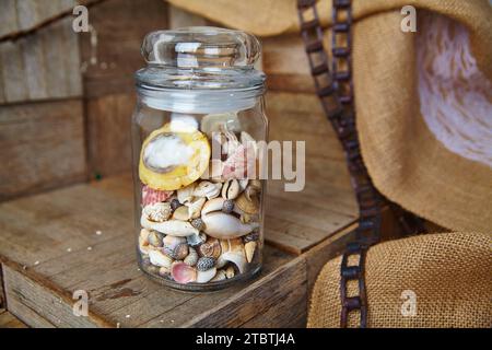 Muschelsammlung im Glasglas auf rustikalem Holz mit Sackleinen Hintergrund Stockfoto