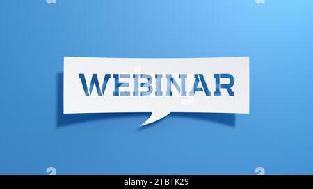 Webinar Sprechblase. Minimalistisches abstraktes Design mit weißem Papier auf blauem Hintergrund. 3D-Rendering. Stockfoto