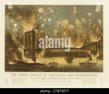 Das große Feuerwerk und die Illuminationen bei der Eröffnung der Great Suspension Bridge zwischen New York und Brooklyn am Abend des 24. Mai 1883. Blick von New York in Richtung Brooklyn. 1954 von Currier & Ives Stockfoto