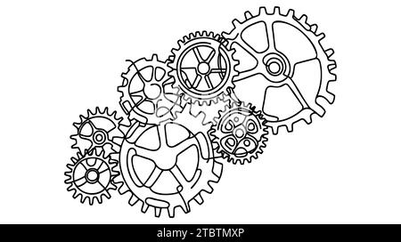 Zahnradsymbol-Technologie, durchgehende einzeilige Zeichnung. Bewegliche Zahnräder für das Konzept der Teamarbeit im Unternehmen. Kontur einzelne Kontur. Vektorillustratio Stock Vektor
