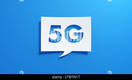 5G Mobile Internet Network Speech Bubble. Minimalistisches abstraktes Design mit weißem Papier auf blauem Hintergrund. 3D-Rendering. Stockfoto