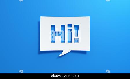 Hallo! Sprechblase. Minimalistisches abstraktes Design mit weißem Papier auf blauem Hintergrund. 3D-Rendering. Stockfoto