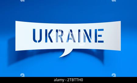 Ukraine – Sprechblase. Minimalistisches Abstraktes Design. Weißes ausgeschnittenes Papier auf blauem Hintergrund. Geschäftskonzept. 3D-Rendering. Stockfoto