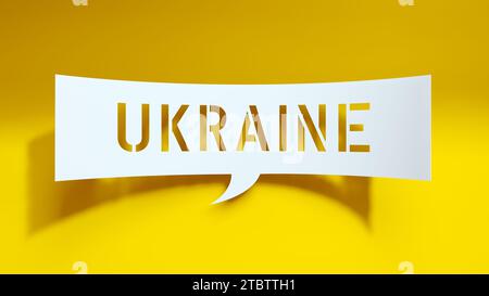 Ukraine – Sprechblase. Minimalistisches Abstraktes Design. Weißes ausgeschnittenes Papier auf gelbem Hintergrund. Geschäftskonzept. 3D-Rendering. Stockfoto