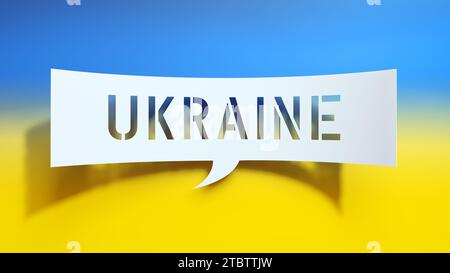 Ukraine – Sprechblase. Minimalistisches Abstraktes Design. Weißes Ausschnittpapier auf nationalen Farben der Ukraine Gelb und Blau Hintergrund. Geschäftskonzept. 3 Stockfoto