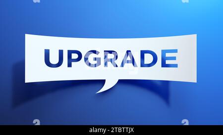 Upgrade – Sprechblase. Minimalistisches Abstraktes Design. Weißes Papier auf blauem Hintergrund. Geschäftskonzept. 3D-Rendering. Stockfoto