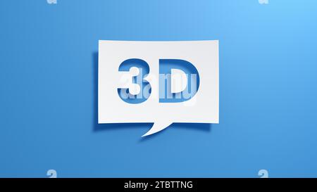 3D-Sprechblase. Minimalistisches abstraktes Design mit weißem Papier auf blauem Hintergrund. 3D-Rendering. Stockfoto