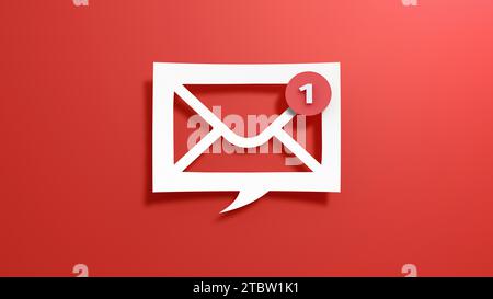 Neues Konzept für E-Mail-Benachrichtigungen für geschäftliche E-Mails. Abstraktes minimalistisches Design mit Ausschnittpapier auf rotem Hintergrund. 3D-Rendering. Stockfoto