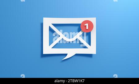 Neues E-Mail-Benachrichtigungskonzept für geschäftliche E-Mail-Kommunikation und digitales Marketing. Abstraktes minimalistisches Design mit Ausschnittpapier und blauem Hintergrund. Stockfoto