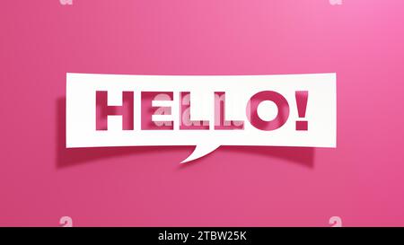 Hallo, Sprechblase. Minimalistisches abstraktes Design mit weißem Papier auf rosa Hintergrund. 3D-Rendering. Stockfoto