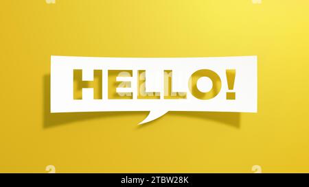 Hallo, Sprechblase. Minimalistisches abstraktes Design mit weißem Papier auf gelbem Hintergrund. 3D-Rendering. Stockfoto