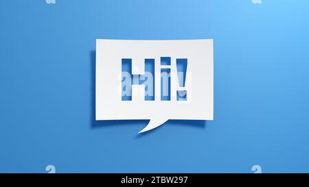 Hallo! Sprechblase. Minimalistisches abstraktes Design mit weißem Papier auf blauem Hintergrund. 3D-Rendering. Stockfoto