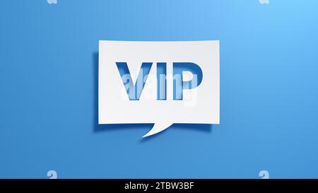 VIP-Sprechblase. Minimalistisches abstraktes Design mit weißem, ausgeschnittenem Papier auf blauem Hintergrund. 3D-Rendern. Stockfoto